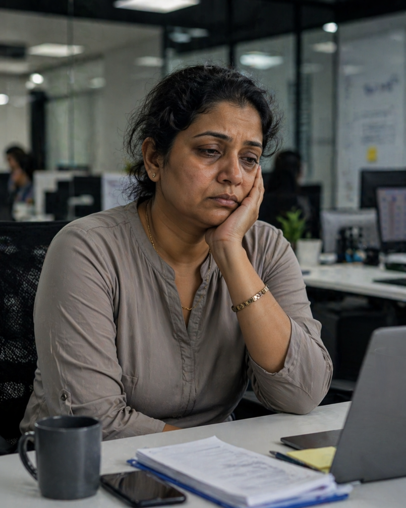 A woman sitting in office with sadness and anxiety