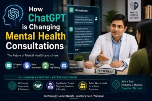 AI and ChatGPT assisting a psychiatrist during a mental health consultation in Mumbai, showing modern digital psychiatry and patient support
