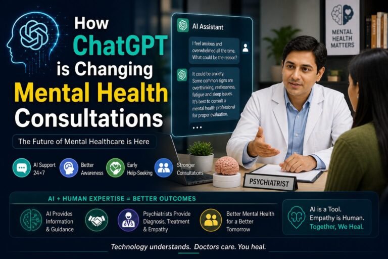 AI and ChatGPT assisting a psychiatrist during a mental health consultation in Mumbai, showing modern digital psychiatry and patient support