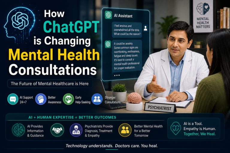 AI and ChatGPT assisting a psychiatrist during a mental health consultation in Mumbai, showing modern digital psychiatry and patient support