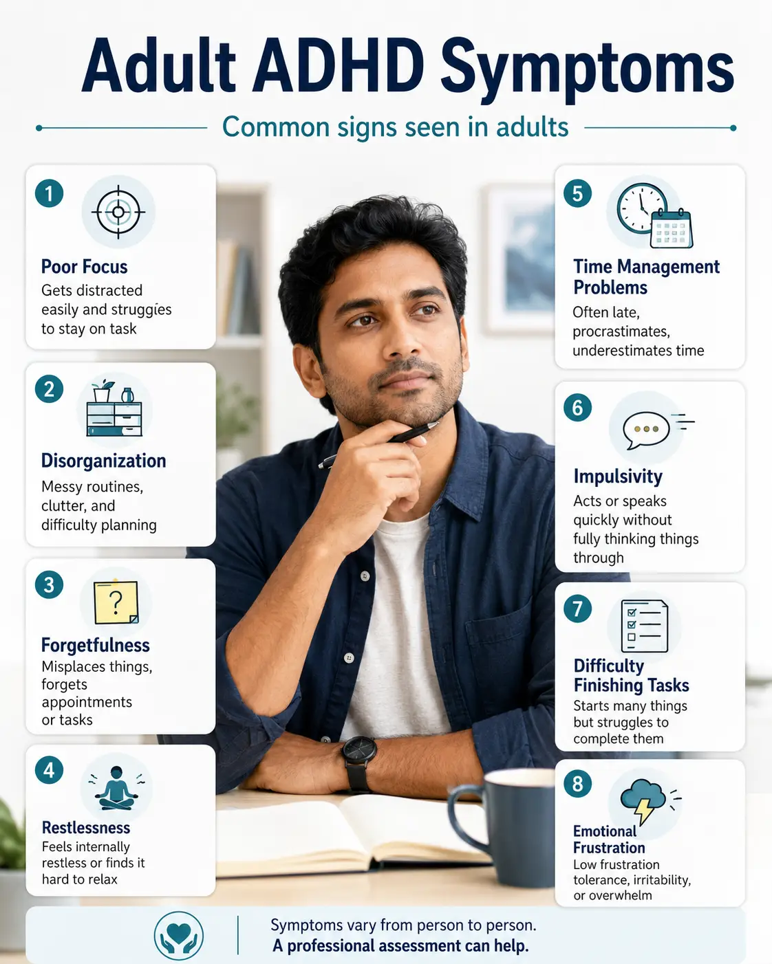 Adult ADHD symptoms infographic showing poor focus, disorganization, forgetfulness, restlessness, time management problems, impulsivity, difficulty finishing tasks, and emotional frustration.