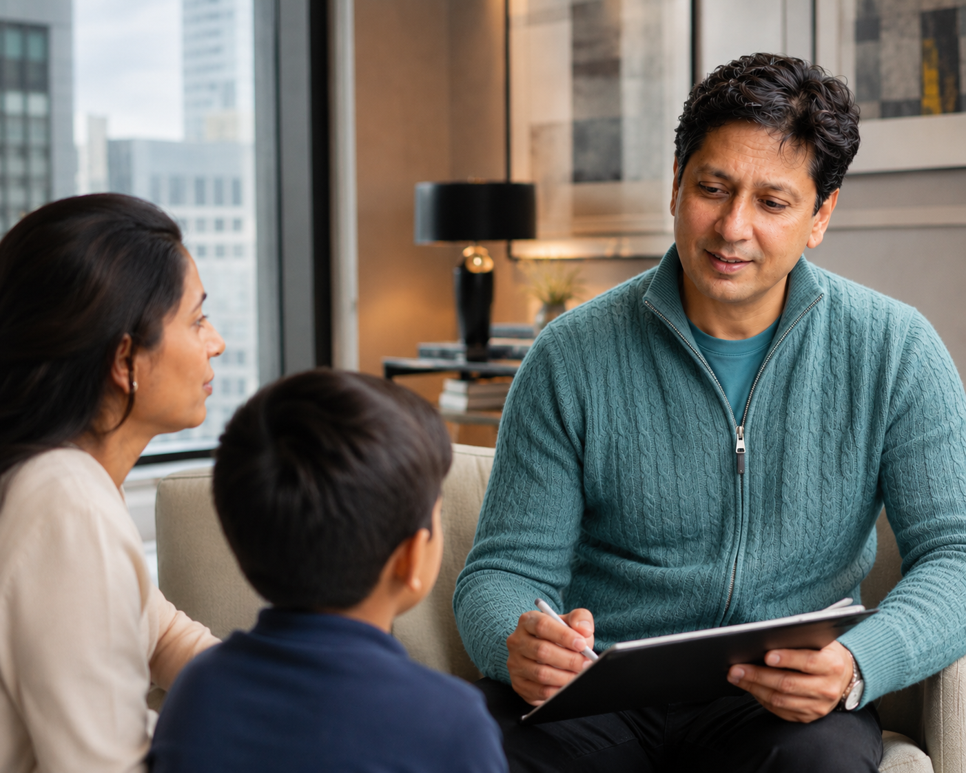 Dr. Pavan Sonar, a child psychiatrist, smiling warmly during a consultation with a young child patient in a welcoming clinic setting.