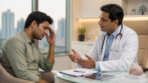 Headache treatment in Mumbai with a doctor consulting a patient experiencing headache symptoms in a modern clinic