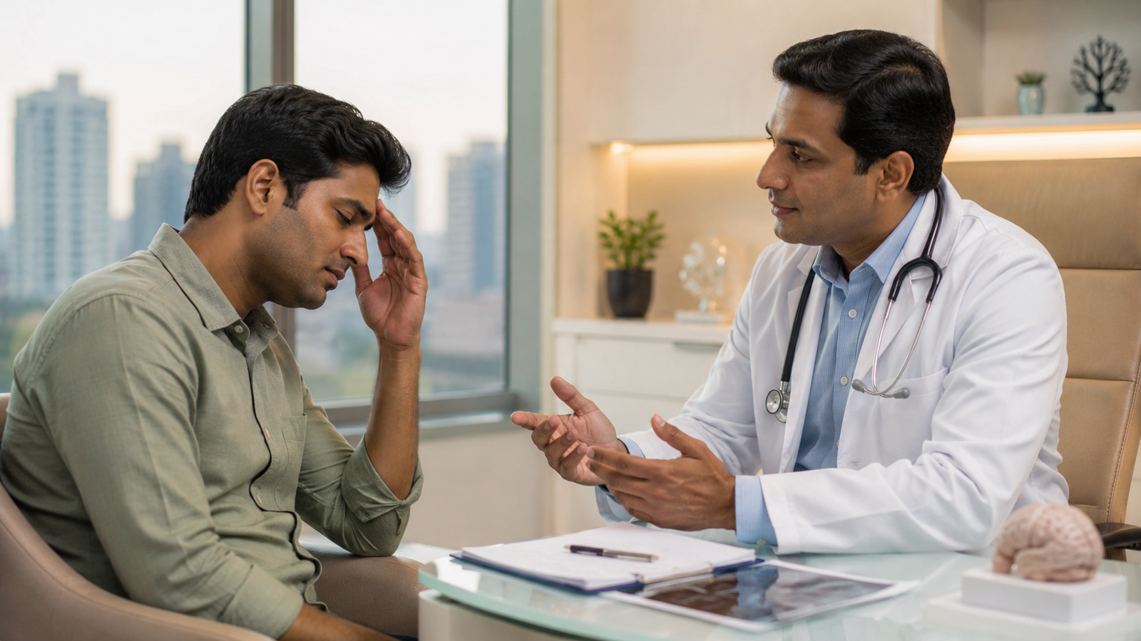 Headache treatment in Mumbai with a doctor consulting a patient experiencing headache symptoms in a modern clinic