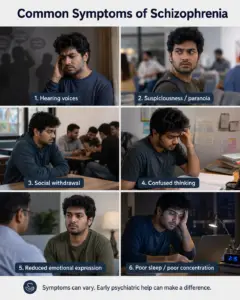 Common symptoms of schizophrenia including hearing voices, suspiciousness, social withdrawal, confused thinking, reduced emotional expression, and poor sleep or concentration