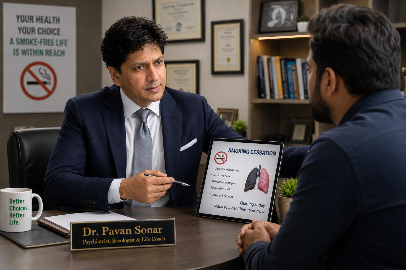 Dr. Pavan Sonar, best psychiatrist in Mumbai, consulting a patient for smoking cessation treatment at his clinic, with a smoking cessation guide displayed on a tablet