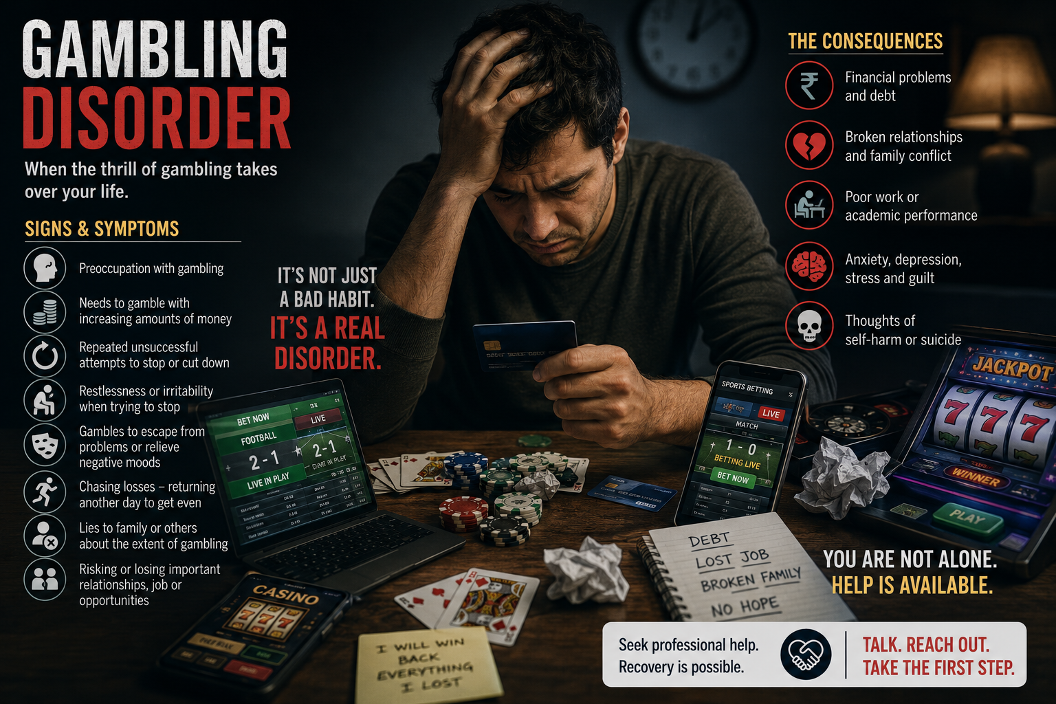 Gambling disorder infographic showing signs, symptoms, and consequences including financial problems, broken relationships, anxiety, depression, and thoughts of self-harm – Dr. Pavan Sonar, Mumbai psychiatrist