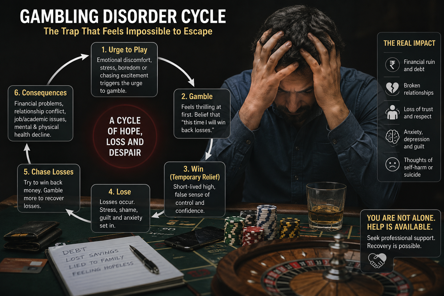 Gambling disorder cycle infographic showing the trap of urge to play, gamble, win, lose, chase losses, and consequences — psychiatrist in Mumbai