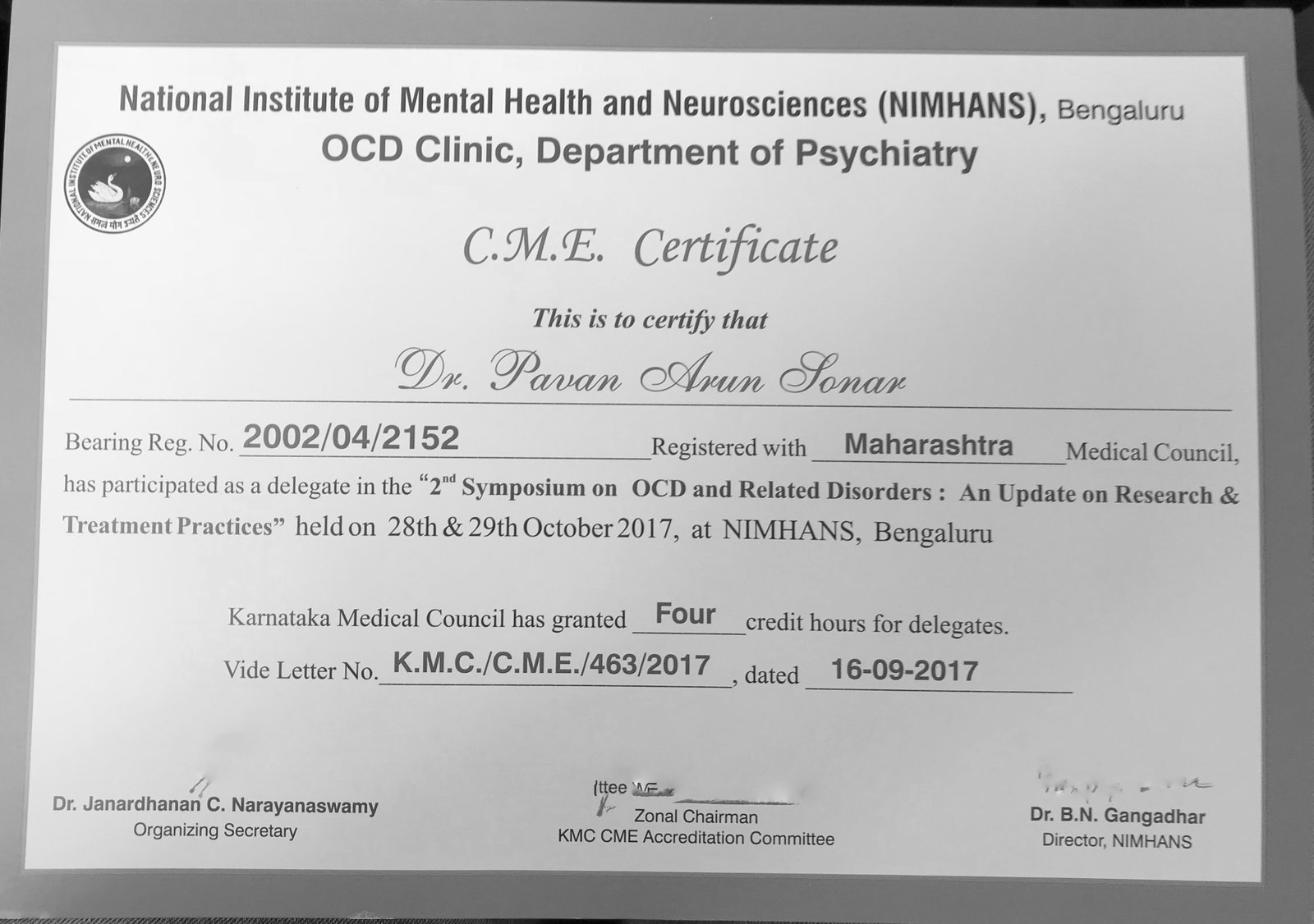 OCD & Related Disorders NIMHANS Certificate awarded to Dr. Pavan Sonar