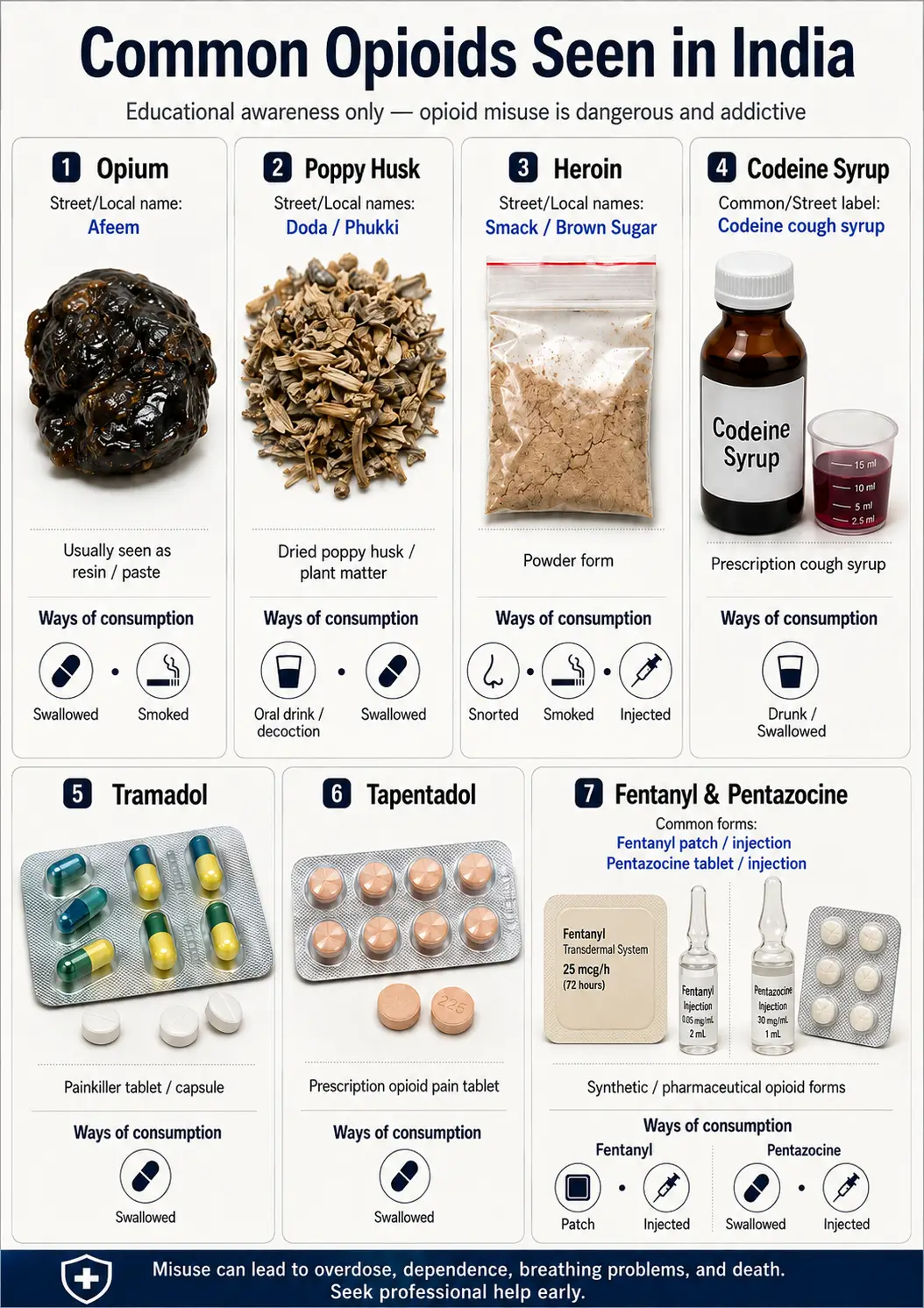 Common opioids used in India for addiction including Brown Sugar, Smack, and pharmaceutical opioids.