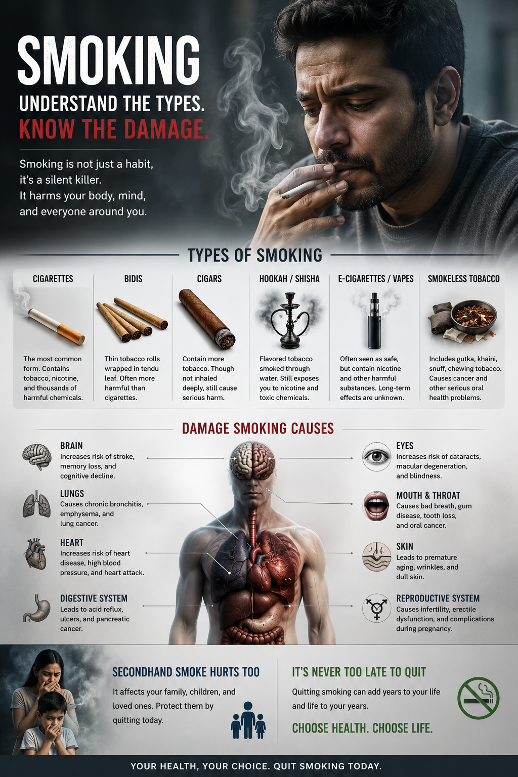 Smoking and tobacco addiction infographic showing types of smoking, health damage caused to brain, lungs, heart and other organs, secondhand smoke risks, and tips to quit smoking – by Dr. Pavan Sonar, Mumbai