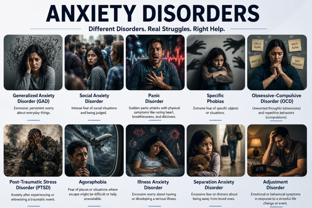 Infographic of 10 anxiety disorder types — GAD, social anxiety, panic disorder, phobias, OCD, PTSD, agoraphobia, illness anxiety, separation anxiety, and adjustment disorder