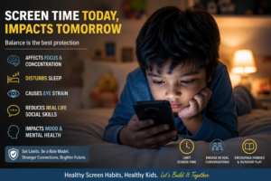 Infographic showing how screen time affects children's focus, sleep, eye health, social skills, and mood, with tips for healthy screen habits