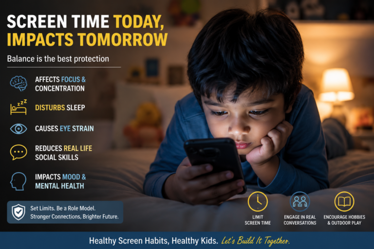 Infographic showing how screen time affects children's focus, sleep, eye health, social skills, and mood, with tips for healthy screen habits