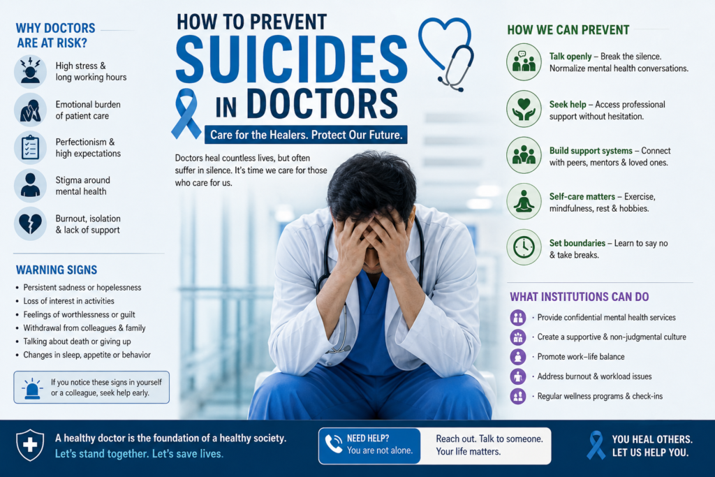 Infographic on prevention of suicides among doctors, showing warning signs, risk factors, and support strategies