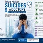 Infographic on prevention of suicides among doctors, showing warning signs, risk factors, and support strategies
