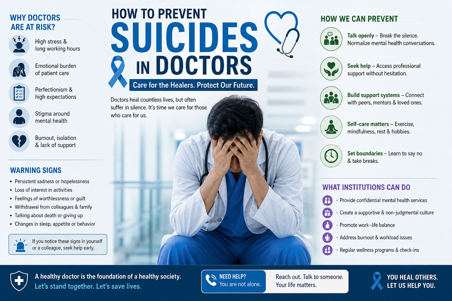 Infographic on prevention of suicides among doctors, showing warning signs, risk factors, and support strategies